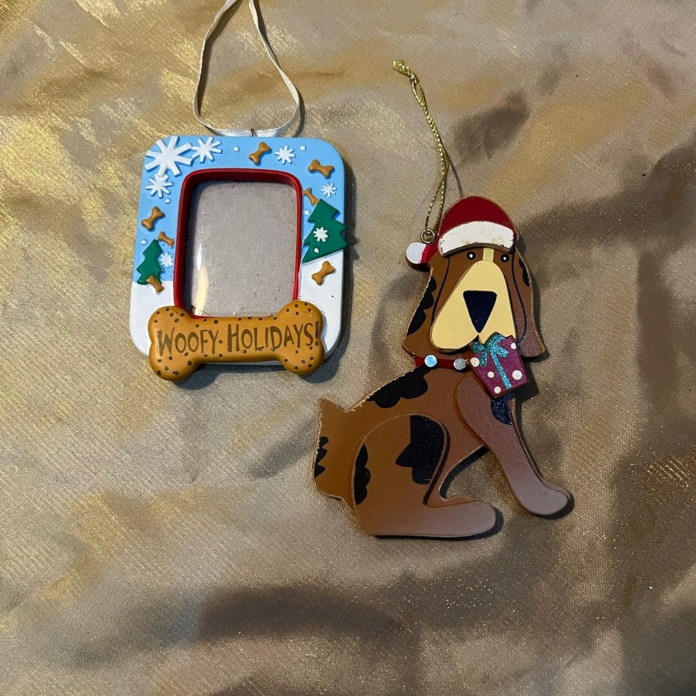 Christmas Dogs Picture Frame Ornaments Wooden -Lot of 2 Hallmark Hobby Lobby